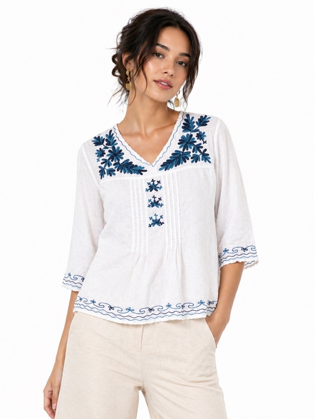 Chic Connection S White Cotton Embroidered Boho Peasant Top Teal Floral Tunic